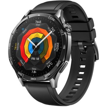 HUAWEI WATCH GT 5 46mm Smartwatch, Sharp-Edged Design, iOS & Android Compatible - Black Fluoroelastomer Strap